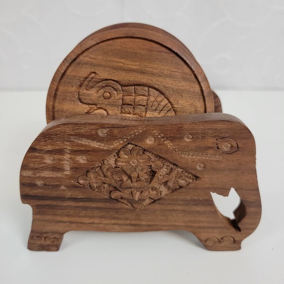 Unbranded Home Kitchen Coaster Set One Size Brown Hand Carved Wooden Elephant - Picture 5 of 8